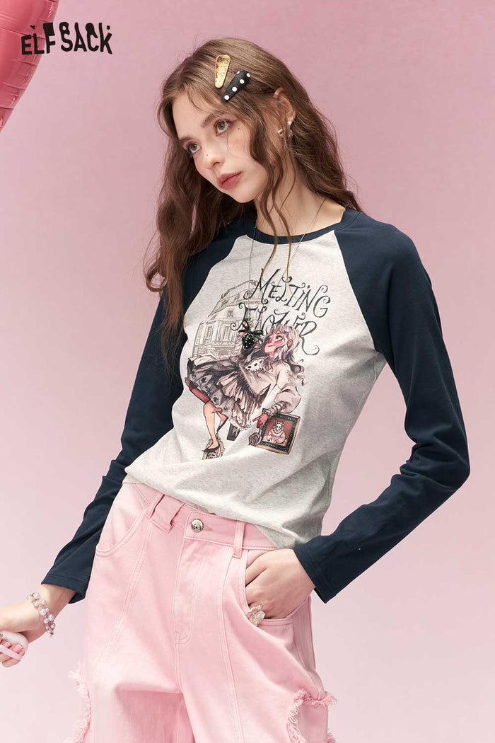ELFSACK Y2K Contrast Sleeve Fitted Long Sleeve Tshirt