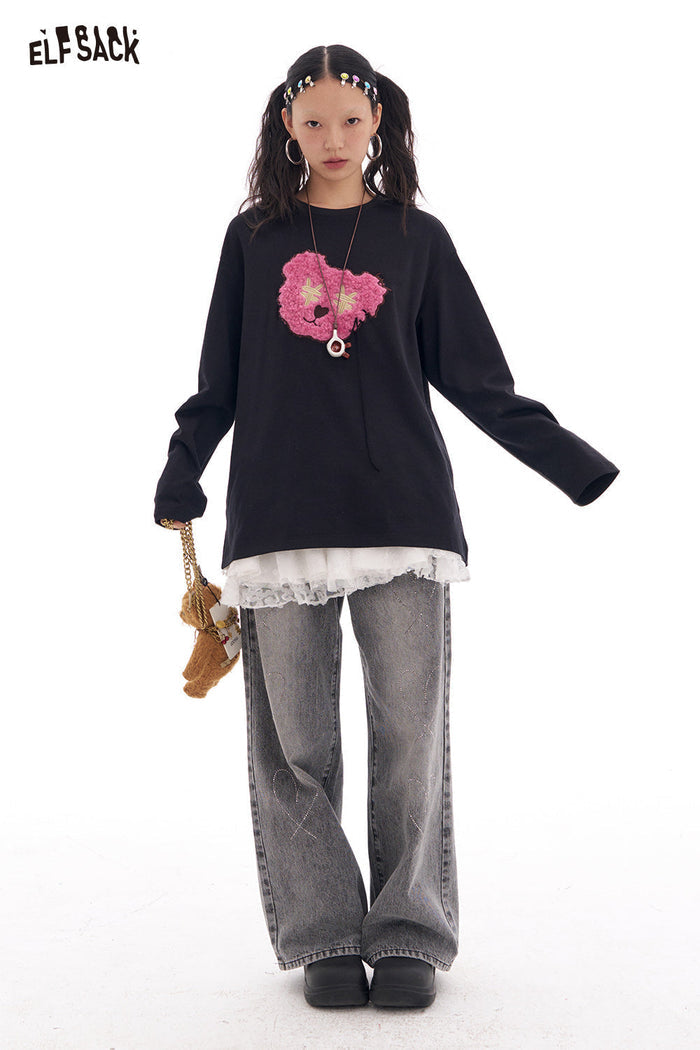 ELFSACK Y2K Cute Bear Long Sleeve O-Neck T-Shirt Women Loose Casual Tops