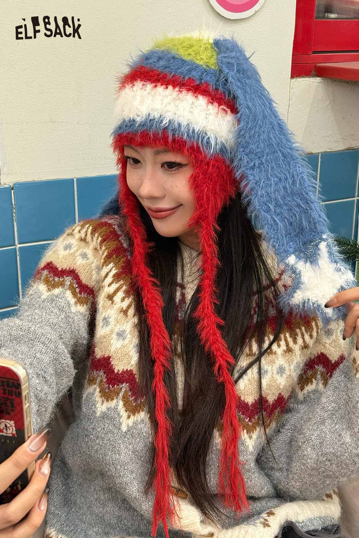 ELFSACK Y2K Cute Color Block Striped Bunny Ear Braid Knit Beanie