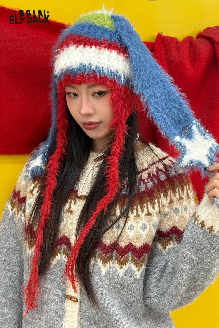ELFSACK Y2K Cute Color Block Striped Bunny Ear Braid Knit Beanie