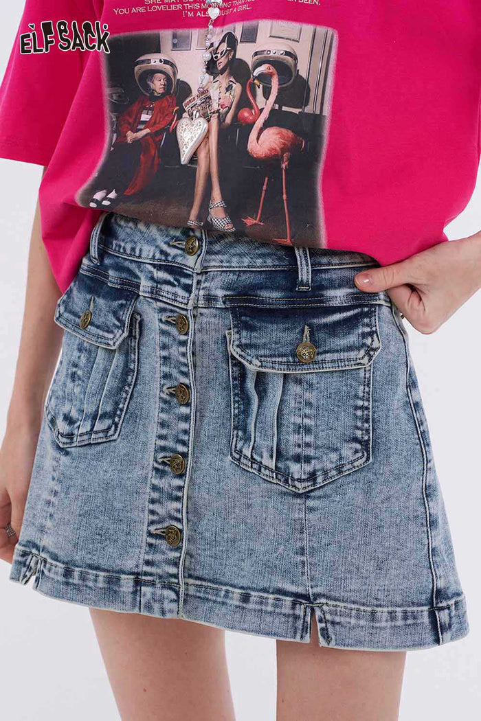 ELFSACK Y2K Denim Mini Skirt with Cargo Pockets