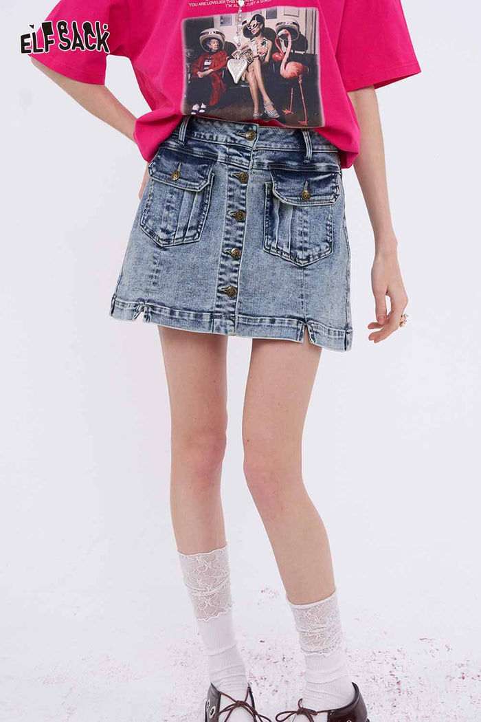 ELFSACK Y2K Denim Mini Skirt with Cargo Pockets
