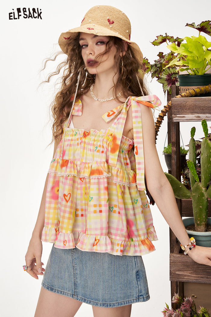 ELFSACK Y2K Dopamine Aesthetic Lace-Up Camisole