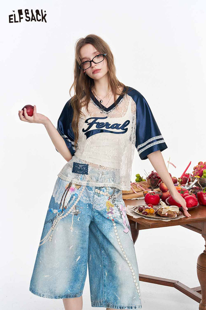 ELFSACK Y2K Lace Pearl Print High Waist Denim Shorts