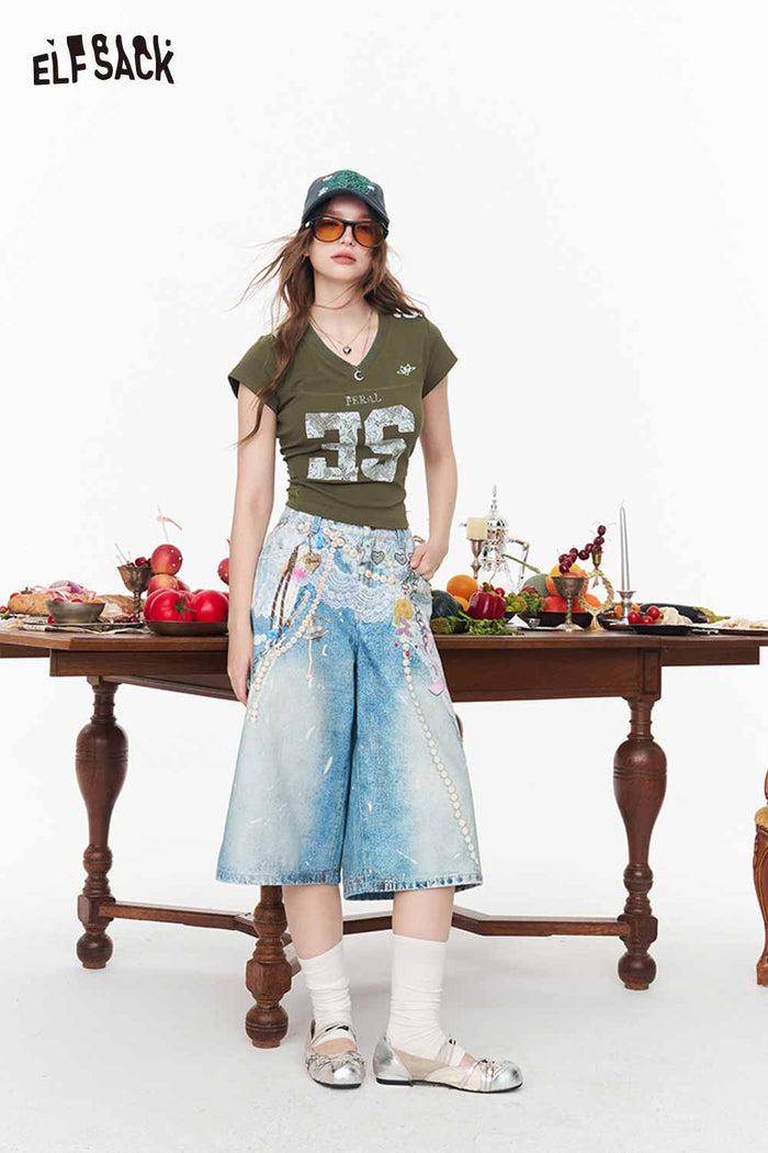 ELFSACK Y2K Lace Pearl Print High Waist Denim Shorts