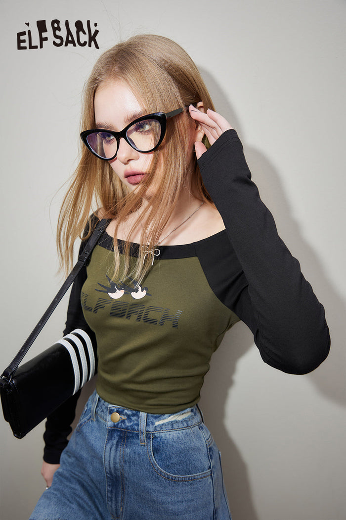 ELFSACK Y2K Letter Print Raglan Sleeve T-shirt