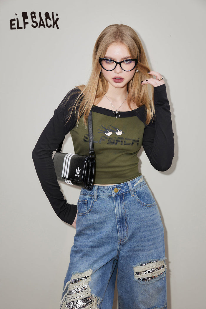 ELFSACK Y2K Letter Print Raglan Sleeve T-shirt