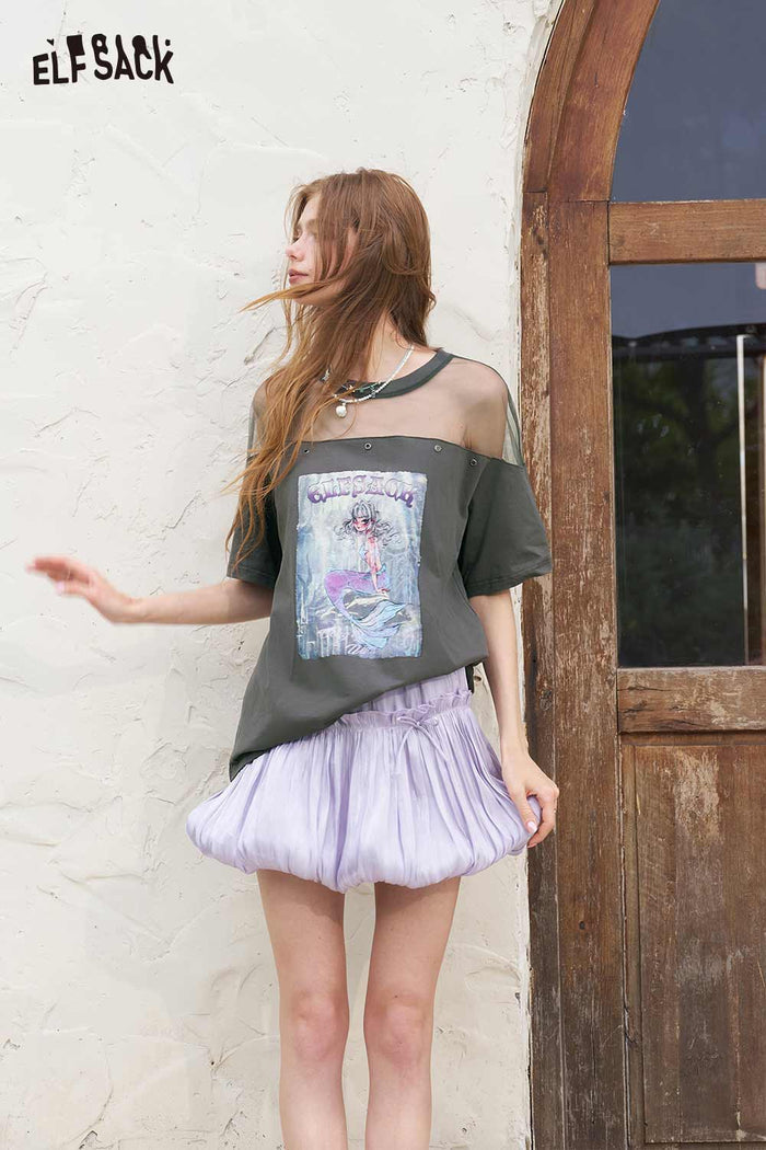 ELFSACK Y2K Mesh Patchwork Mermaid Print Tee