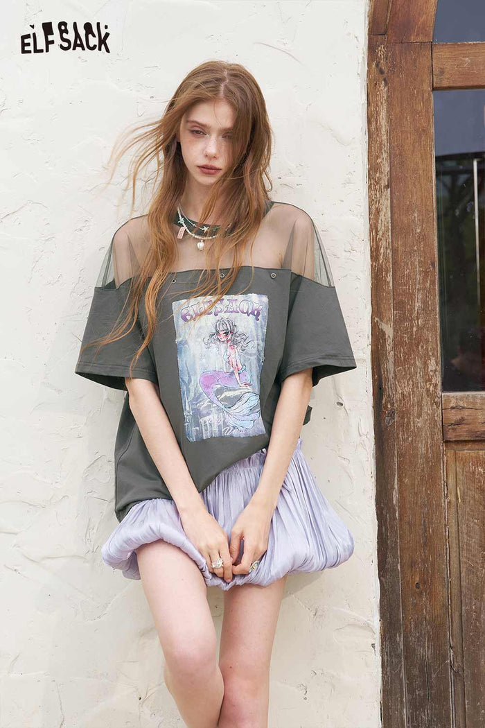 ELFSACK Y2K Mesh Patchwork Mermaid Print Tee