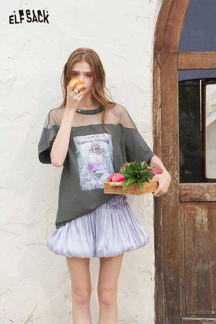 ELFSACK Y2K Mesh Patchwork Mermaid Print Tee