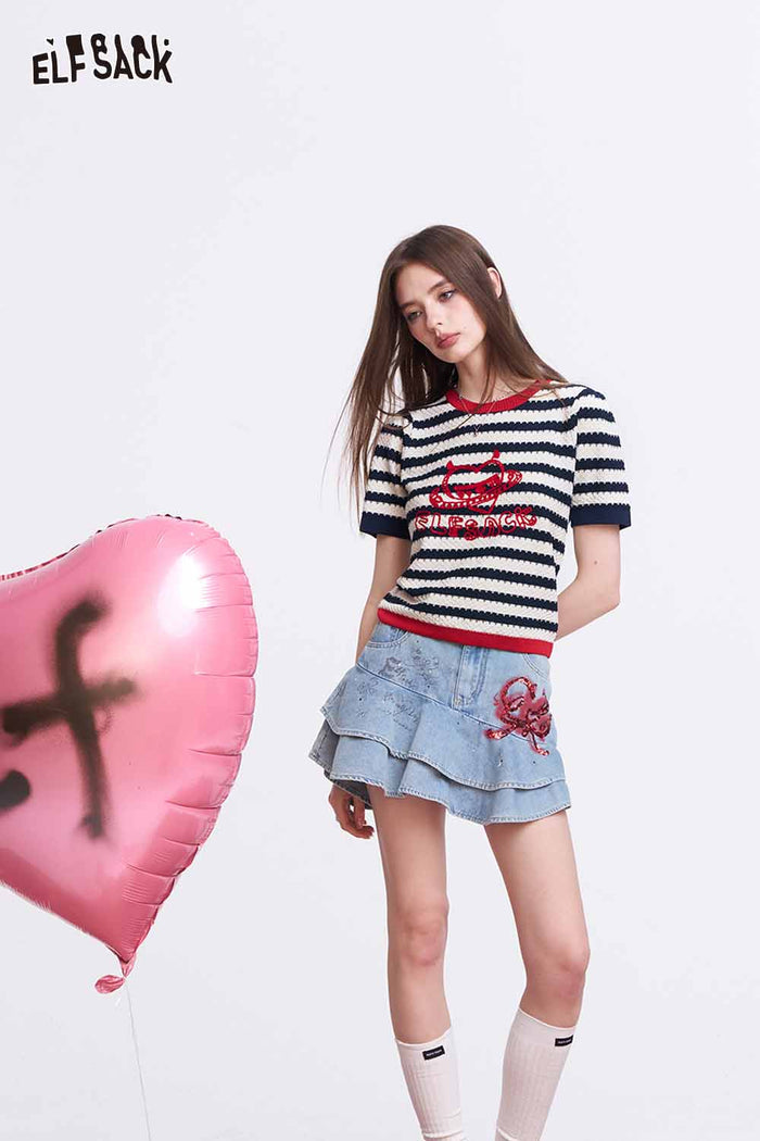 ELFSACK Y2K Striped Knit T-Shirt