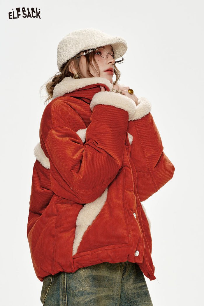 ELFSACK Year white plush stitching red down jacket