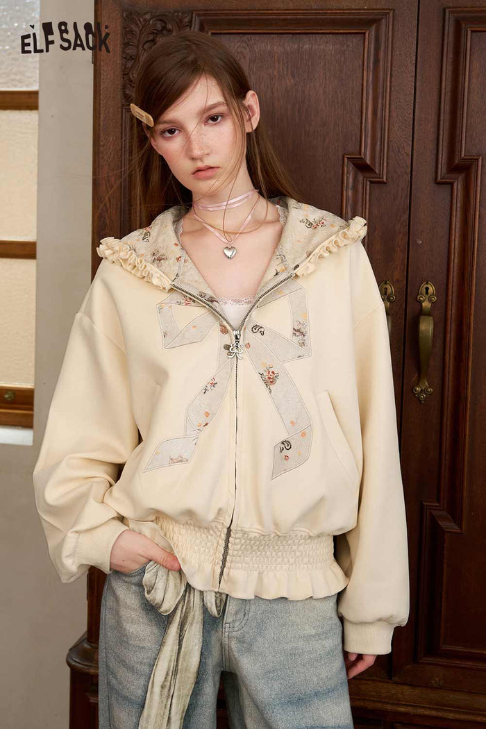 Zip Up Cropped Jacket with Bow Detail