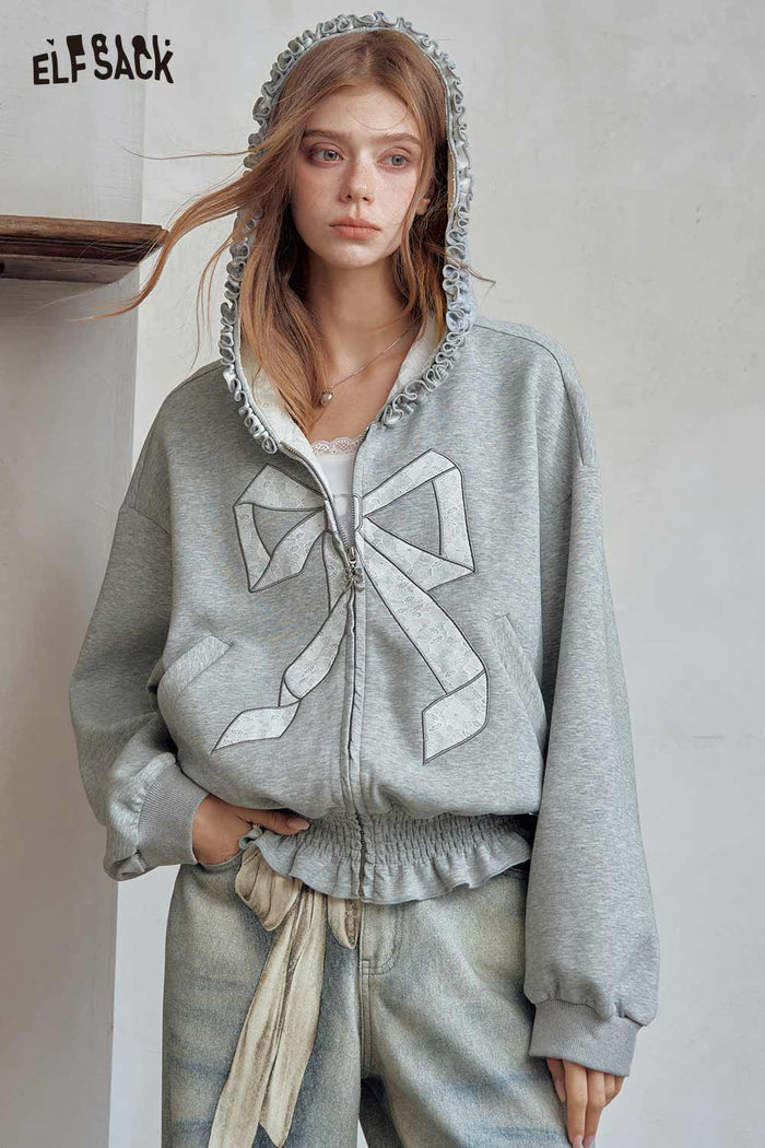 Zip Up Cropped Jacket with Bow Detail