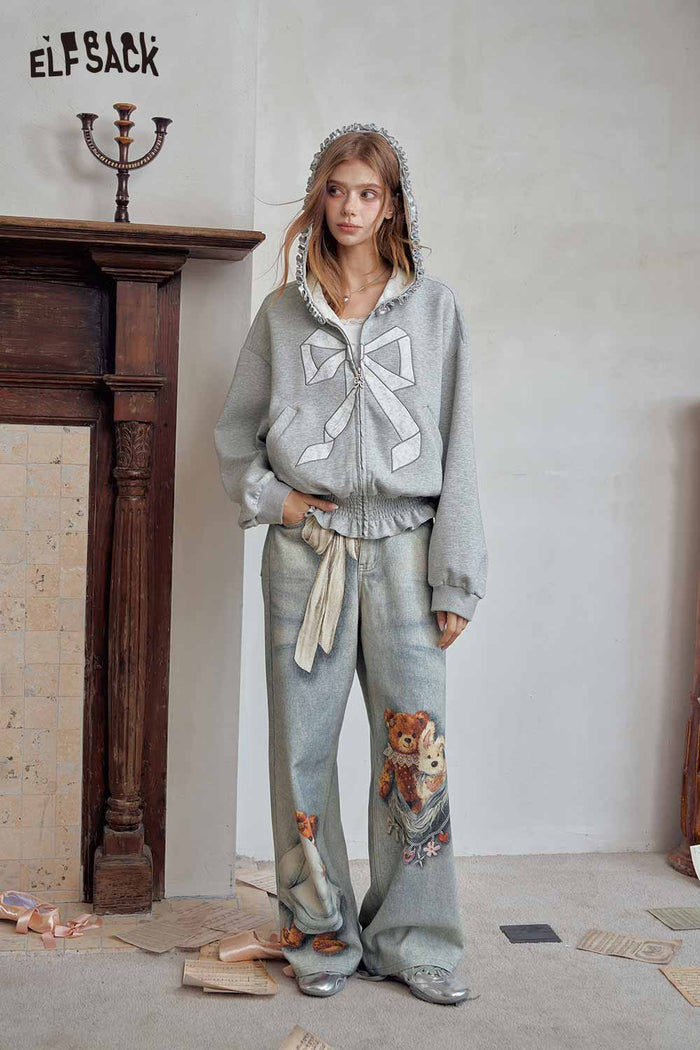 Zip Up Cropped Jacket with Bow Detail