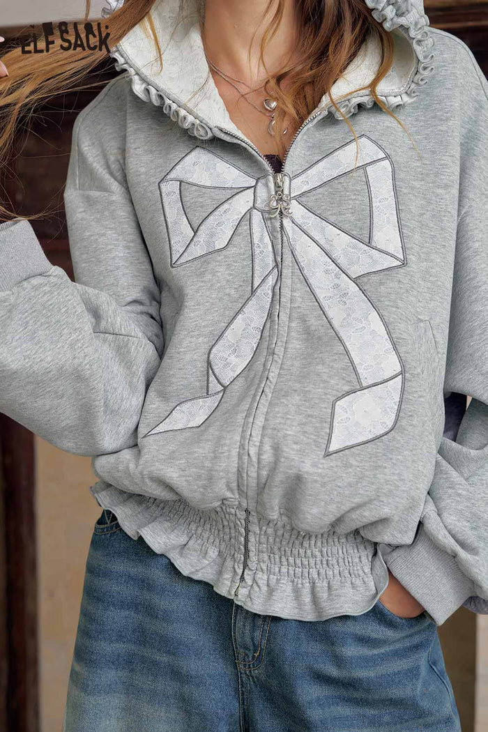 Zip Up Cropped Jacket with Bow Detail