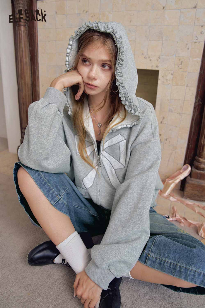 Zip Up Cropped Jacket with Bow Detail
