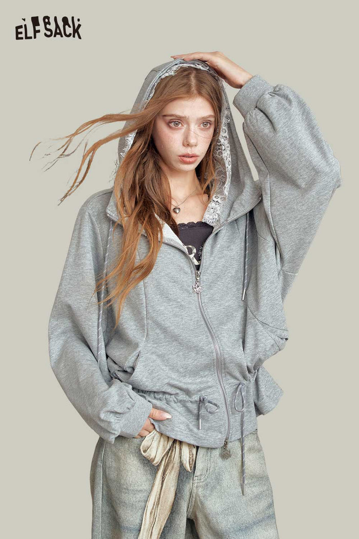 Zip Up Lace Trim Hooded Jacket
