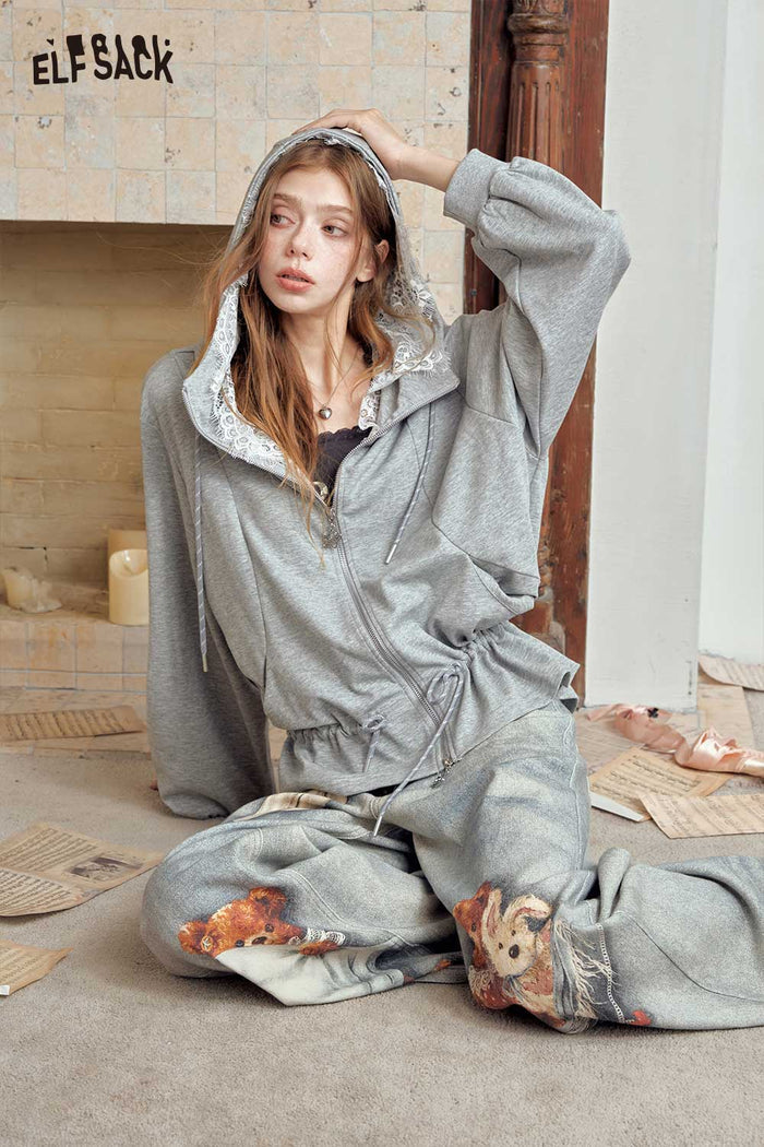 Zip Up Lace Trim Hooded Jacket
