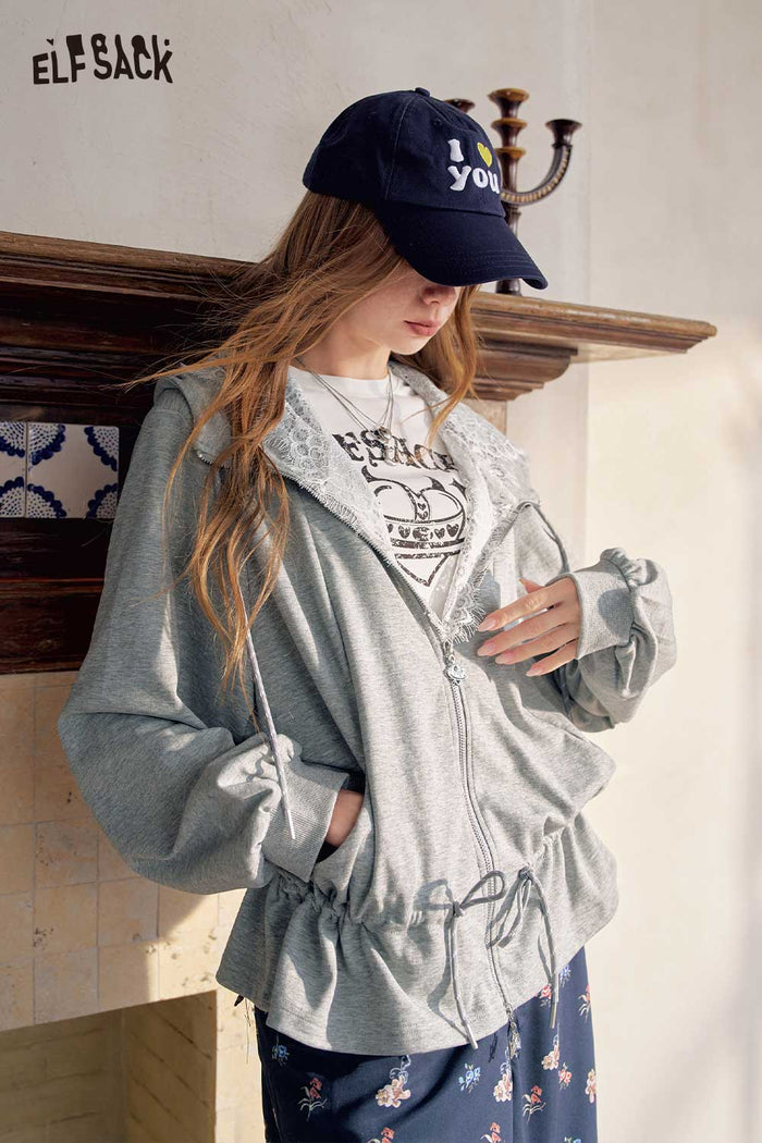 Zip Up Lace Trim Hooded Jacket