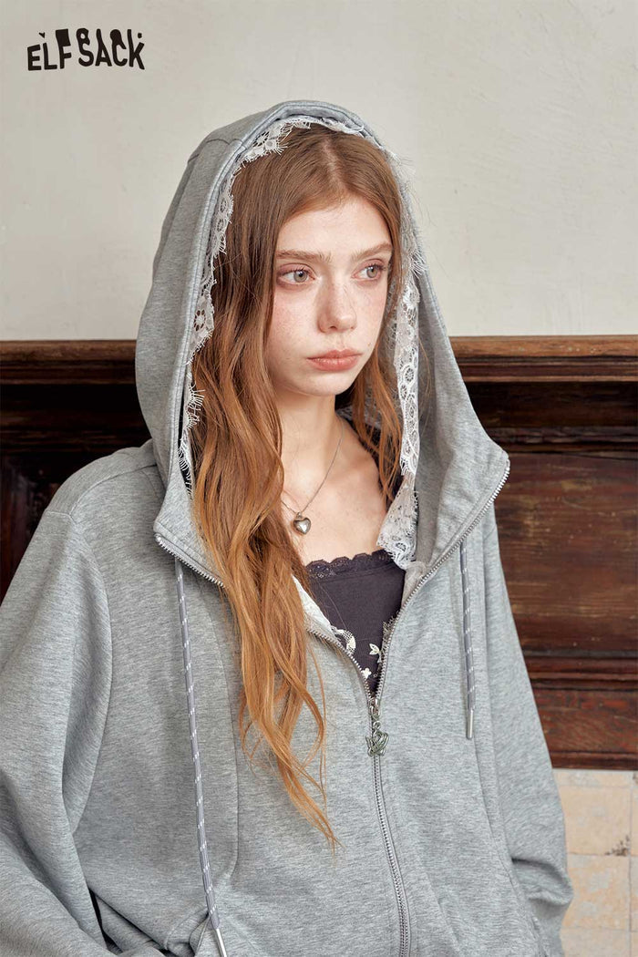 Zip Up Lace Trim Hooded Jacket